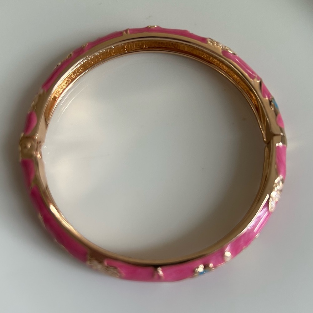 Jui Long Jing Pink Enamel and Gold Tone Metal Floral Bangle - Picture 5 of 7